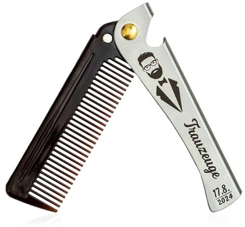 Bartkamm mit Gravur | Trauzeuge fragen | personalisiertes Geschenk | „Willst du mein Trauzeuge sein? | Name & Motiv | Edelstahl, klappbar 20,5 → 11 cm | ~50 g | mit Flaschenöffner
