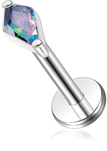ENONTY 1pcs 16G G23 Titanium Threadless Labret Studs Push-in Colorful CZ Labret Cluster Tragus Helix Conch Lobe Rook Cartilage Push Back Sleeper Piercing Jewelry Earring Stud (Rhombus VM)