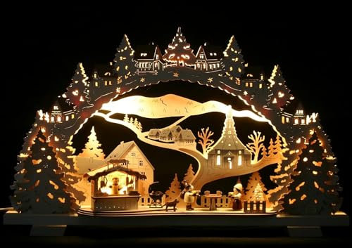 Tietze Erzgebirgsdesign 3D LED - Schwibbogen Weihnachtsmarkt mit Grillhütte 53cm x 31cm - Lichterbogen für Weihnachten - Feine Handwerkskunst aus dem Erzgebirge