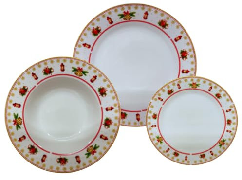 Omniacasa Servizio di Piatti Per Natale e Capodanno in Porcellana Resistente per 12 Persone: 36 Pezzi, Decorazioni con Lanterne e Campane, Rosso, Bianco e Oro, Adatto: Lavastoviglie e Microonde.