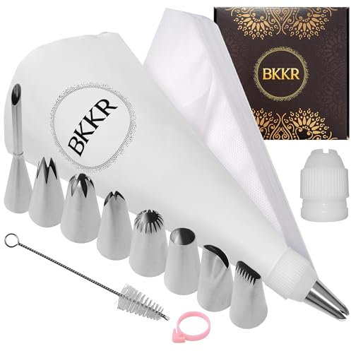 BKKR Spritzbeutel mit Tüllen, 37 TLG., Baumwolle Spritzbeutel wiederverwendbar, 8 Edelstahl Spritztüllen Set, 25 spritztüten Einweg, Torten Zubehör, Fülltülle, Perfekt (Creative Kit/Baumwolle)