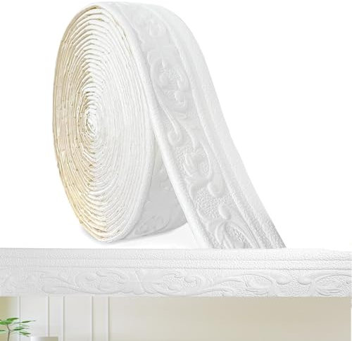 Bordo autoadesivo per carta da parati, bianco, 10 m x 8 cm x 4 mm, modanature decorative autoadesive 3D, per pareti, corridoi, scale