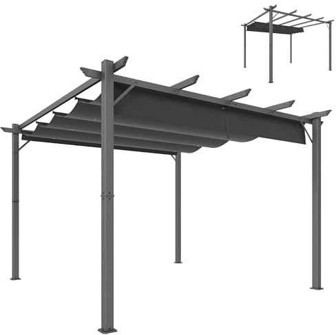 Outsunny Pérgola de Jardín 3x3 m con Techo Retráctil, Cenador de Jardín con Protección UPF30+, Orificios de Drenaje, Estructura de Aluminio, Pabellón para Patio, Terraza, Exterior, Gris Oscuro