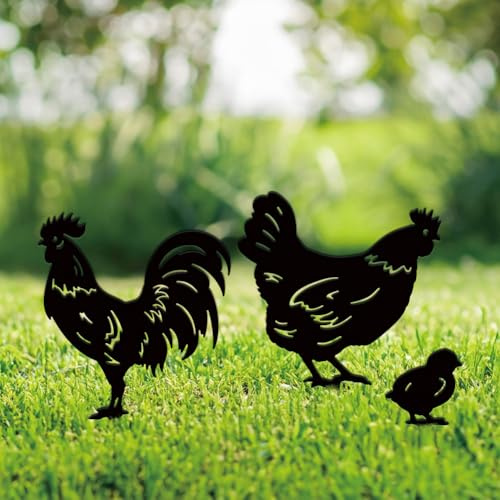 SUPERDANT 3PCS Chicken Garden Decor Rooster Metal Garden Ornament Black Silhouette Outdoor Decor Chicks Yard Stakes Decorative Yard Art Statue for Farm Lawn Patio Gifts