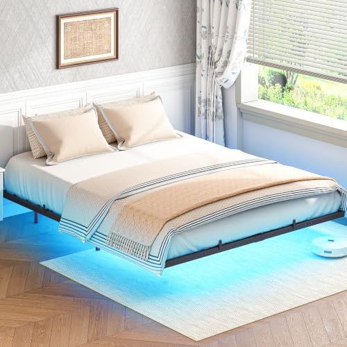 HOOBRO Marco de Cama Colgante 180 x 200 cm, Plataforma Metálica con Luz LED y Estación de Carga, 2 Enchufes y 2 Puertos USB, No Necesita Cojín de Muelle Sin Ruido, Negro EBK024CDBF01