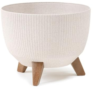 Muddy Hands Eco Friendly Decorative Bowl Plant Pot with Legs Indoor Home Outdoor Garden Round Flower Planter Stand Holder Cover - Made from Recycled Plastic & Wood (White, 40cm)