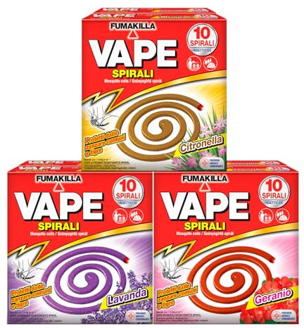 6x Vape Spirali Z Profumate Lavanda Geranio e Citronella Repellente Insetticida Antizanzara 8h contro Zanzare Comuni e Tigre Presidio Medico Chirurgico - 60 Spirali Profumazioni Assortite