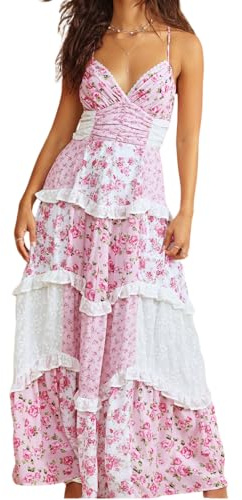 ebossy Womens Lace Patchwork Floral Maxi Dress Spaghetti Strap Sexy Backless Ruffle Tiered Boho Beach Sundresses (Small, Pink)