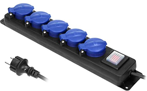 5-fach Außen Steckdosenleiste mit Schalter IP44 5m Gummi-Kabel - Spritzwassergeschützt, mit Aufhängung