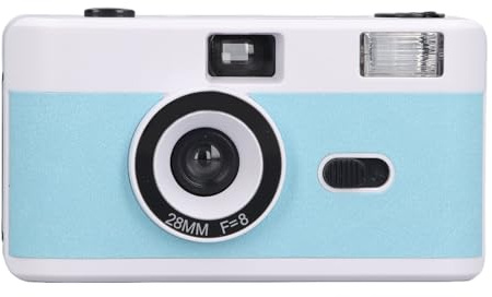 Fockety 35mm Film Camera, 28MM F/8 Lens 1/120s Shutter Speed Reusable Vintage Camera with Flash, Wrist Strap, Lightweight Retro Half Frame for Gift (Blue White)