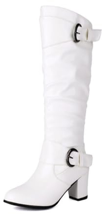 Botas Mujer Altas A La Rodilla De Charol con Correa De Hebilla Punta Redonda Tacón Medio Grueso con Cremallera Lateral Zapatos Elegantes Fiesta Noche,Blanca,41 EU