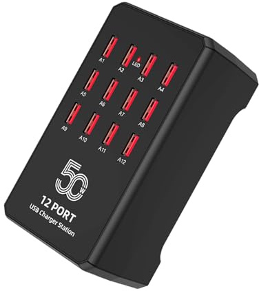 Cuifati USB -Laddare, 12 Port 50W Multiple USB Charging Station, Stöder Bred Spänningstäckning, Multi -portar Laddare för Telefoner, Klocka, Surfplattor, Smartphones (EU)