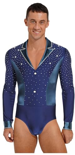 Fldy Herren Tanzbody Langarm V-Ausschnitt Glitzer Hemd Mit Revers Gymnastik Body Eislaufen Trikot Ballett Tanzkostüm Navy blau M
