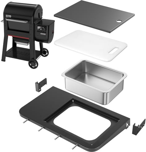 Utheer Frontklappbarer Grilltisch für Weber Searwood 1,524.0 cm - 58.4 cm x 12.5 große Frontablage mit Edelstahlbecken, Arbeitsschneidebrett, Deckel & 5 Haken, robustes Weber Searwood 600 Zubehör