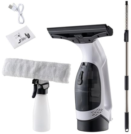 Rechargeable Electric Window Cleaner with Water Spray & Dirty Water Collection Tank | Extendable Pole for High Windows, Streak-Free Glass Cleaning for Home & Office, White