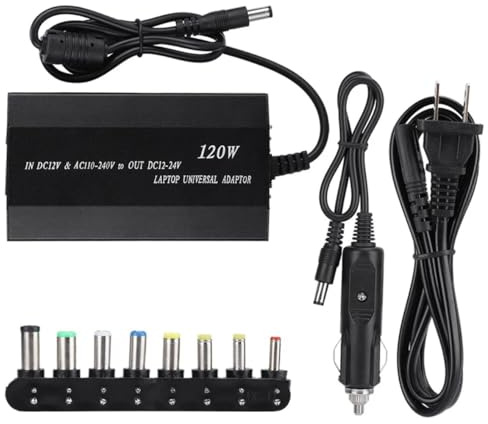 MF artSHOP Alimentatore Universale per Laptop, 120W, Adattatore AC/DC 110-240V e 12V Auto, Kit 8 Connettori, Caricatore Portatile con Uscita Regolabile 12-24V, Dimensioni 11,5x6,5x2 cm