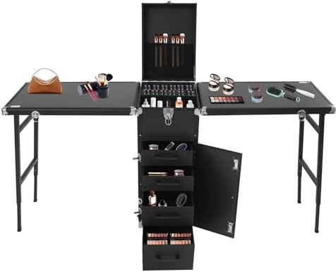 Mobil nagelbord kosmetisk väska med 2 fällbara bordsskivor och professionell nagellåda, 4 rullar med bromsar, robust 100 kg bärkraft, för make-up artist frisör nageldesign, svart, Modern