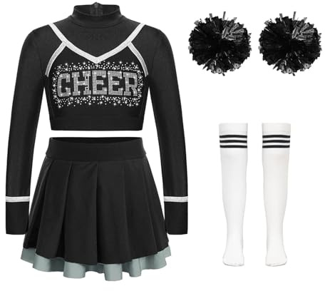 CNYUON Cheerleading, uniform Cheerleading, dansoutfit, magtröja, veckad kjol, blombollar, strumpor för jublande, team danskläder, set för Cheerleading, klänning (B vit, svart, 10)
