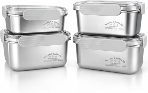 FOLAI [4-Pack Stainless Steel Meal Prep Containers, Food Storage with Snap Locking Lids, for Lunch Bento Box, Picnic and Travel，Freezer and Dishwasher(650ml+1000ml+1300ml+1600ml)
