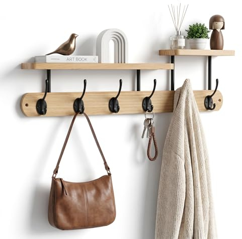 Wandgarderobe mit Ablage,Garderobenhaken Holz,Garderobenleiste Holz mit 6 Haken für Flure,Garderoben,Schlafzimmer(59CM) (Natürliche)