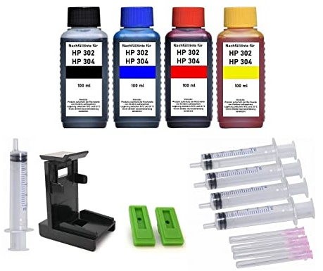 Tintenpatronen Nachfüllset kompatibel mit HP 302 + HP 304 Schwarz und Color. 4 x 100 ml Refill-Tinte Black, Cyan, Magenta, Yellow, Adapter, Befüllanleitung, Zubehör