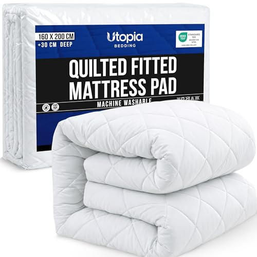Utopia Bedding Coprimaterasso Trapuntato, Gonna Elastica Coprimaterasso, Vestibilità Extra Profonda Fino a 30 CM con Motivo a Diamante (160x200 cm, Bianco)