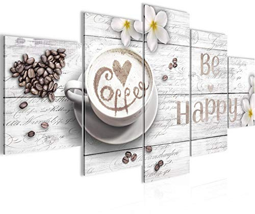 Runa Art Bild Esszimmer Küchenbilder Küche Kaffee 5 Teilig Be Happy Weiss Wandbilder auf Vlies Leinwand 020653c