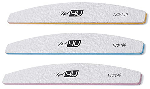 Set of 3 Nail Files Half Moon Professional Emery Boards for False Nails Acrylic Gel Tips Manicure tools by Nail4U Double sided Nail File Different Gradation 120/150 100/180 180/240 Grit
