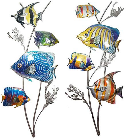 etc-shop 2er Set Außen Wand Behang Garten Dekoration Fische Design Metall Bilder mehrfarbig