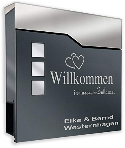 Zalafino Briefkasten anthrazit RAL 7016 mit Beschriftung - individualisierbarer Design-Briefkasten aus pulverbeschichtetem Stahl mit Zeitungsrolle und 3 Sichtfeldern