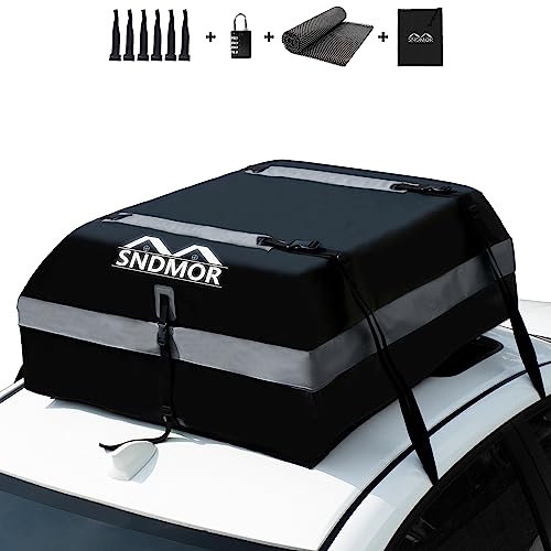SNDMOR Dachboxen, 425L/15 Kubikfuß Wasserdichtes Dachgepäck, Dachgepäcktransporttasche, Passend für Alle Fahrzeuge Mit/Ohne Gepäckträger, Inklusive Antirutschmatte+ 4 Verstärkungsgurte + 6 Türhaken
