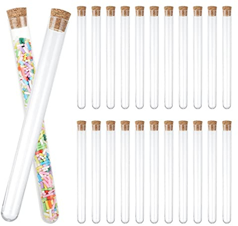 AKOLAFE 100Pcs Test Tube 20ml Plastic Test Tubes with Lids Clear Sealing Storage Test Tube Vase with Cork Caps for Liquids Flowers Seeds Sweets, DIY Craft Spices, 15x150 mm