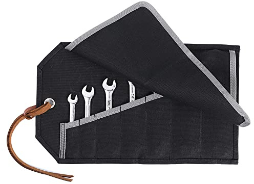 Wrench Roll Up Pouch, Portable Small Wrench Storage Carrier mit 7 Taschen, Durable Heavy Duty 16oz Waxed Canvas Tool Roll Bag, Black