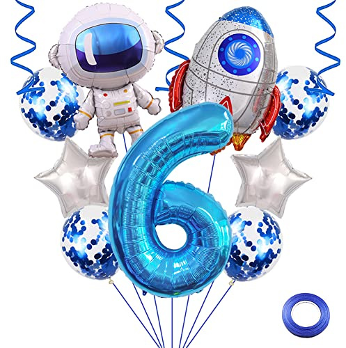 Weenkeey 6 ans astronaute fusée d'anniversaire ballon fête l'espace ballons géants spaceman Foil ballons bleu 6 ans ballon à hélium étoile ballon pour la décoration fête d'anniversaire