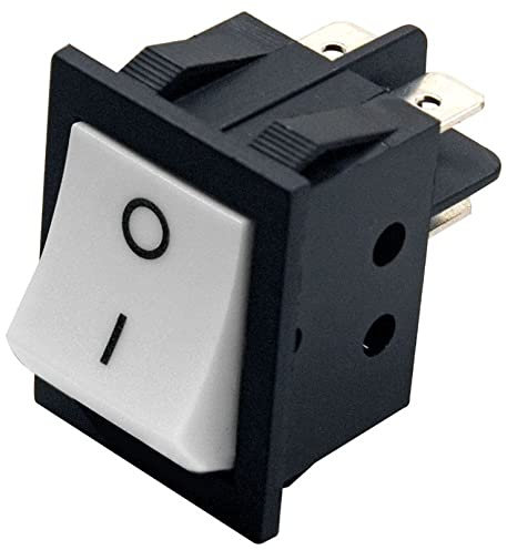 Interruttore bipolare a bilanciere DPST bipolare (ON)-OFF con tasto bianco e con terminali faston 6,35mm, foro di montaggio 31x22,3mm, 250V 15A
