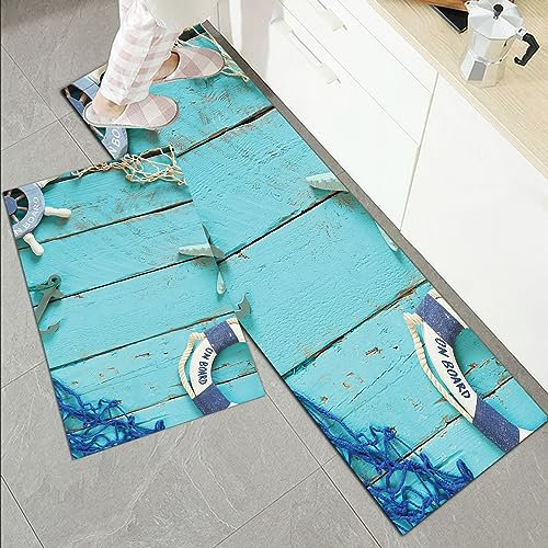 Küchenläufer Küchenmatte 2 Stück 45x70cm+45x120cm,Nautik, Draufsicht Nautik Thema Lebensstil Vintage Lenkrad Sterne Netz,Rutschfest Pflegeleicht, Anti-Müdigkeit Küchenteppich Teppich Läufer für Küche