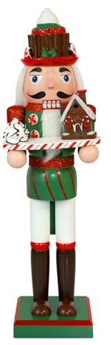 WVIOUOPU Christmas Baker Nutcracker Decorations - 14 Inch Chef Gingerbread Figures Handmade Wooden Cook Holding Cake & Cabin for Xmas Kitchen Table Home Party Holiday Christmas Ornaments Gifts