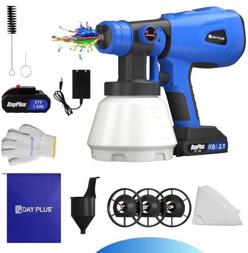 Farbspritzpistole Elektrisch 21V, Akku Farbsprühsystem Mit 3 Muster und 4 Düsen, 1000ML HVLP Lackierpistole Elektrisch von Wänden, Decken, Möbeln, Gartenzäunen