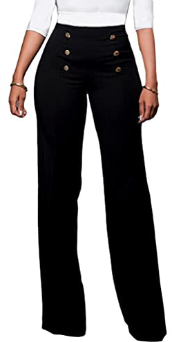 ORANDESIGNE Evasé Pantalons Femme Sexy Pantalon Évasé Couleur Unie Elastique Pants Taille Haute Boutons Croisés Pantalon Large Droit Élégant l'été Ville A Noir XL