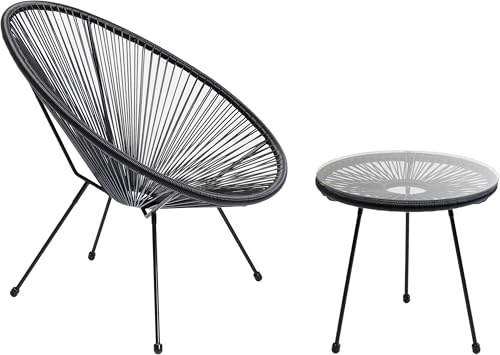 Kare Design Gartenmöbel 2er Set Acapulco Mono Schwarz, Indoor Outdoor Retro | Sessel mit Beistelltisch, Gartenstuhl Sitzgruppe, Lounge-Möbel für Garten, Balkon, Terrasse, Schwarzes Stahlgestell, Glas