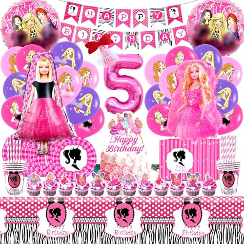 104 Pcs Geburtstag Deko Barb, Barb Deko Geburtstag 5 Jahre, Geburtstag Teller Und Becher, Luftballon Geburtstag Helium 5 Barb, Servietten Barb, Kuchen Deko Barb, Partygeschirr Geburtstag Deko Set