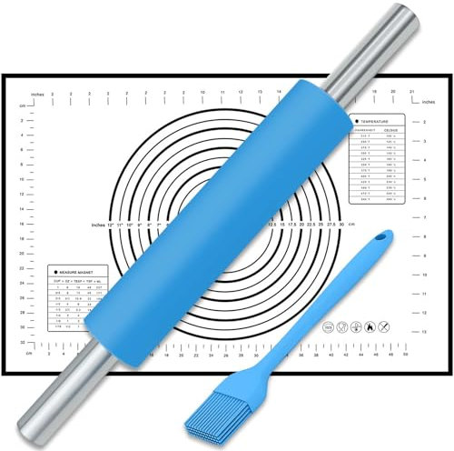 BOCHION Nudelholz, Teigroller Silikon mit Backmatte & Backpinsel, Antihaft backzubehör mit Ergonomische Griffe aus Edelstahl für Pizza, Nudeln, Kuchen, Fondant, Gebäc (Groß 43cm, Blau)