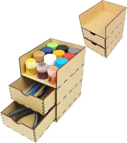HobbyHold Modellbau-Organizer 2 Schubladen - Werkzeug Farbenhalter Holz | Farbständer für Citadel, Vallejo und AMMO Farben - Tabletop Miniaturen Aufbewahrung, Schreibtisch Ablage, Zubehör