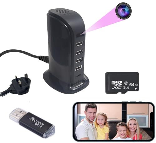 RUIYIG Hidden camera Mini spy camera Wireless audio and video WiFi HD 1080p Hidden security camera Mini charger with 4 USB ports and 1 TYPE-C，For home security surveillance.