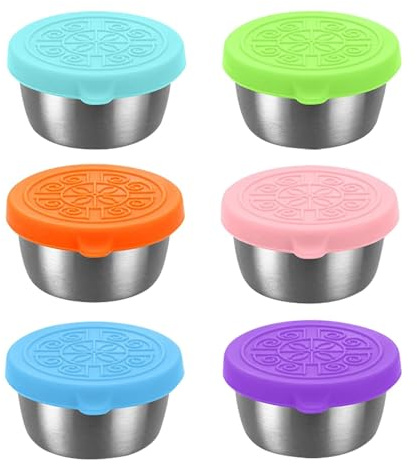 Juego de 6 tarros de especias – Portasalsas portátil de acero inoxidable para aliños de ensalada de viaje, pequeños recipientes para salsas con tapa para fiambreras