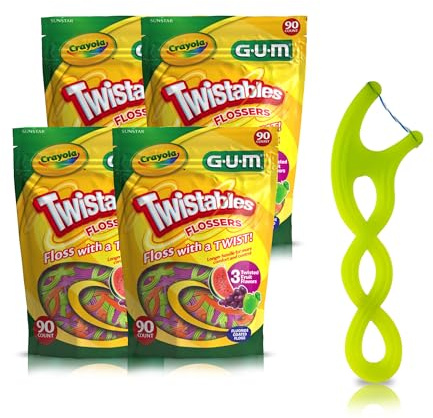 GUM Crayola Twistables Kids Flossers with Fluoride - Designed for Little Hands - Three Fun Fruit Flavors - Easy to Use Kids Floss Picks for Children Ages 3+, 90 Count (Pack of 4)