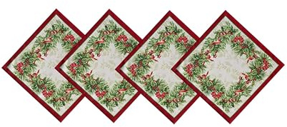 Newbridge Christmas Holly Ribbon Traditions Bordered Set of 4 Fabric Napkins, Boughs of Holly and Berry Ribbon Garland Dining Napkins for Holiday Party
