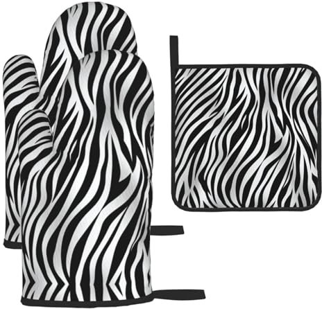 Oven Mitts and Pot Holders 3 pcs Set Heat Resistant Oven Glove Zebra Print Potholders Oven Gloves for Cooking Non-Slip Silicone Oven Mittens Hot Pad for Baking BBQ
