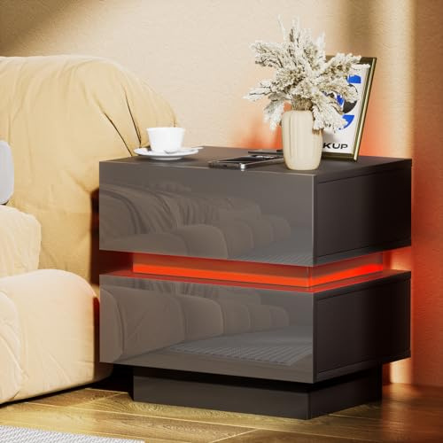 HaodaCulture Table de Chevet LED, Table de Nuit Connectée, 2 Prises CA, 2 Ports USB, Chevet de Lit, d'Appoint avec 2 tiroirs Haute Brillance, 16 Couleurs Lumières LED pour Salon Chambre 45x35x46cm