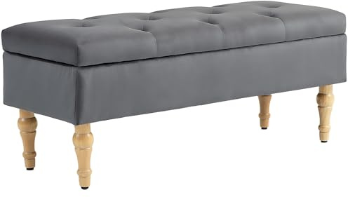HOMCOM Banc coffre rangement 2 en 1 banquette en velours banc de rangement 38L style médiéval avec couvercle à charnière capitonné et pieds en bois pour couloir, salon, chambre, 102 x 38 x 41 cm, gris